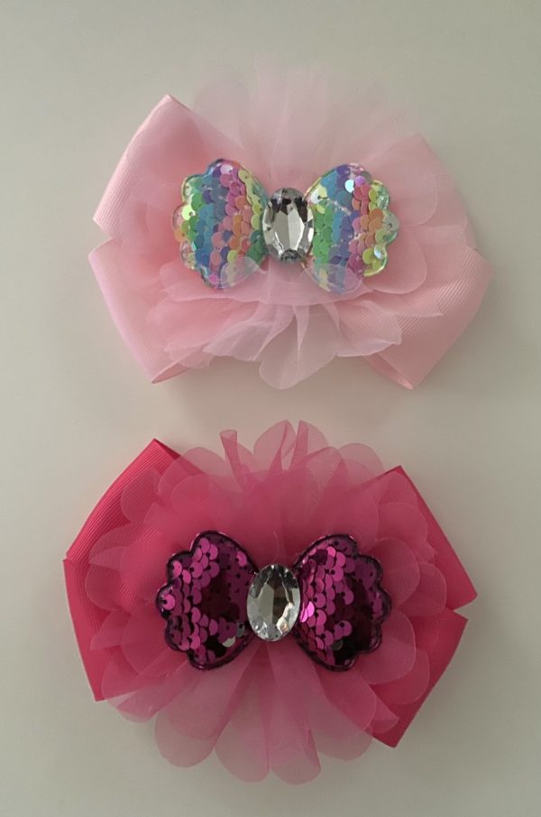 Product Image and Link for 2-Piece 6″ Baby Pink & Hot Pink Bows with Sequined Bow and Big Jewel Center