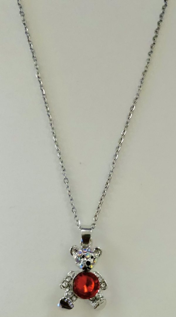 Product Image and Link for L’il Silver Teddy Bear with Pearlescent Rhinestones and Red Heart Necklace