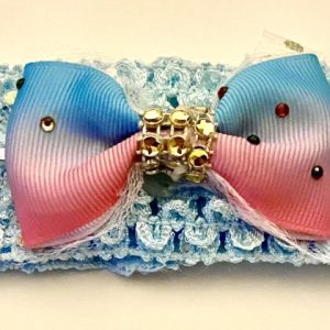Product Image and Link for Infant/Toddler Girl Baby Blue Crochet Headband with a 2″ Rhinestone Studded Rainbow Color Bow – Gold Rhinestone Center