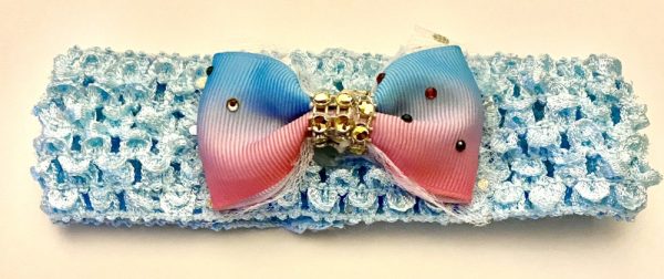 Product Image and Link for Infant/Toddler Girl Baby Blue Crochet Headband with a 2″ Rhinestone Studded Rainbow Color Bow – Gold Rhinestone Center