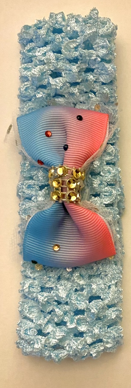 Product Image and Link for Infant/Toddler Girl Baby Blue Crochet Headband with a 2″ Rhinestone Studded Rainbow Color Bow – Gold Rhinestone Center