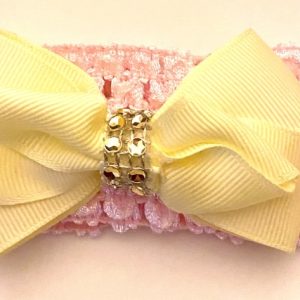 Product Image and Link for Infant/Toddler Soft Stretchy Pink Crotchet Headband with a Yellow Bow and Gold Rhinestone Center