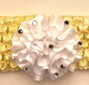 Product Image and Link for Infant/Toddler Soft Stretchy Yellow Crotchet Headband w/ Pretty White Satin Flower
