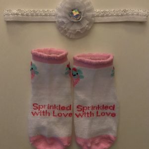 Product Image and Link for Infant Girl Stretchy White Headband with flower/Prizm Jewel Center and White and Pink Socks Set