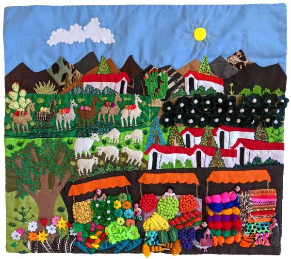 Product Image and Link for Vibrant Mountain Market Scene Arpillera/Story Quilt
