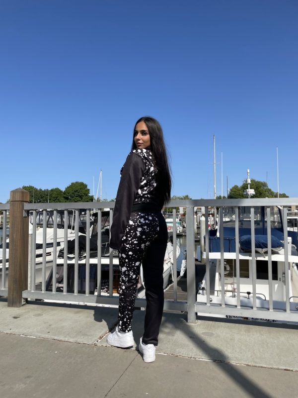 Product Image and Link for Women Black and White Splat Sweat Suite