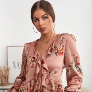 Product Image and Link for V-Neck Ruffled Floral Long Sleeve Blouse Size Large