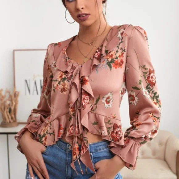 Product Image and Link for V-Neck Ruffled Floral Long Sleeve Blouse Size Large