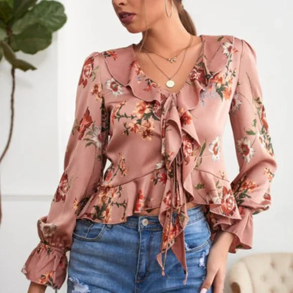 Product Image and Link for V-Neck Ruffled Floral Long Sleeve Blouse Size Large