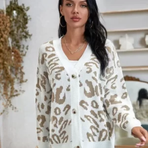 Product Image and Link for Stylish Leopard Print Front Button V-Neck Cardigan Size Medium