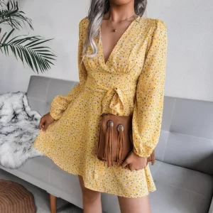 Product Image and Link for FLORAL DEEP V-NECK FRONT TIE MINI DRESS