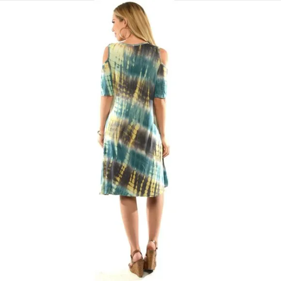 Product Image and Link for Cold Shoulder Tie Dye Dress Green Multi Color