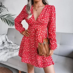 Product Image and Link for FLORAL DEEP V-NECK FRONT TIE MINI DRESS Medium
