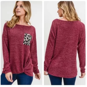 Product Image and Link for Burgundy Twisted Hem Leopard Pocket Top Size Large