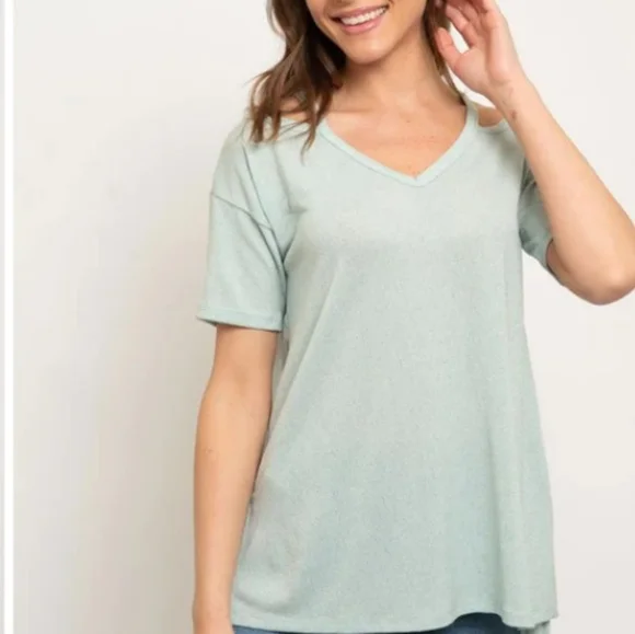 Product Image and Link for CREPE CUTOUT SHOULDER KNIT TOP Sage Size Small Brand New