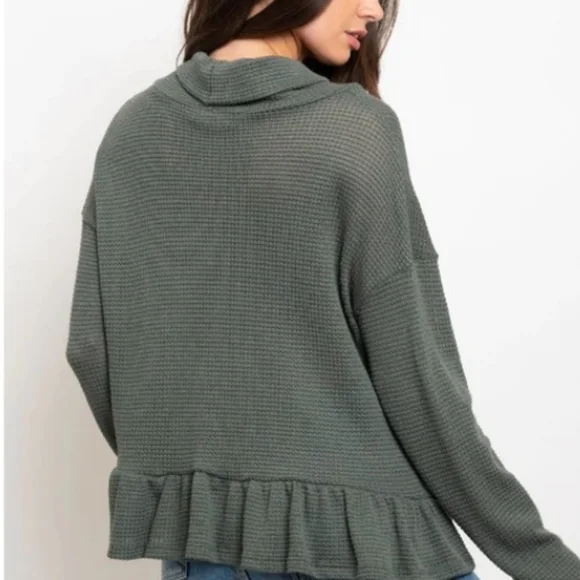 Product Image and Link for WOMEN’S WAFFLE COWL NECK W/ RUFFLE BOTTOM TOP Small Olive Brand New