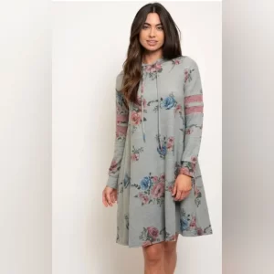 Product Image and Link for WOMEN’S FLORAL LONG SLEEVE HOODIE DRESS Size Small Gray Multi Color Brand New