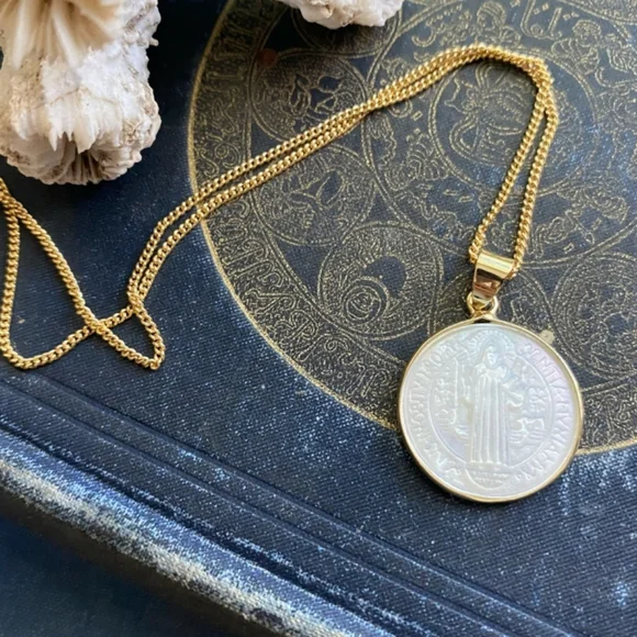 Product Image and Link for Estrella & Luna *Mackenzie* Saint Benedict Gold Coin Medallion Necklace