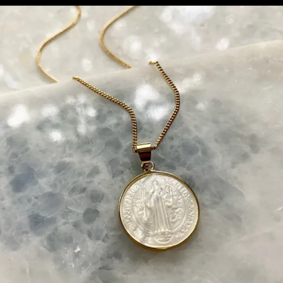 Product Image and Link for Estrella & Luna *Mackenzie* Saint Benedict Gold Coin Medallion Necklace