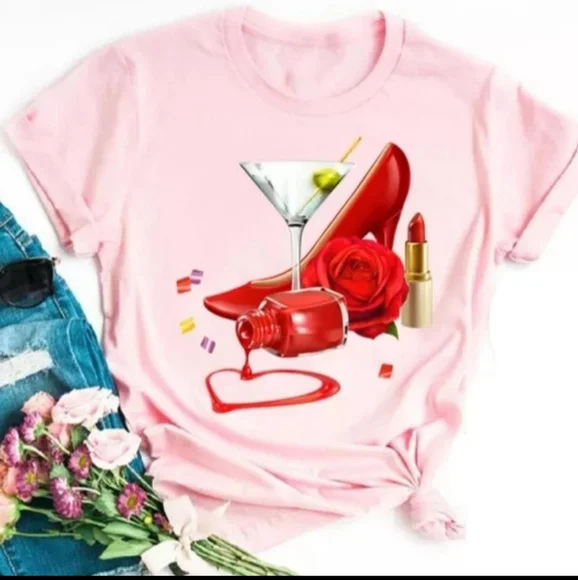 Product Image and Link for Martini, Shoes and Polish Graphic Tee – Pink