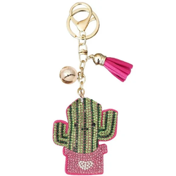 Product Image and Link for Bling Rhinestone Puffy Tassel Smiling Cactus Purse Charm Key Chain