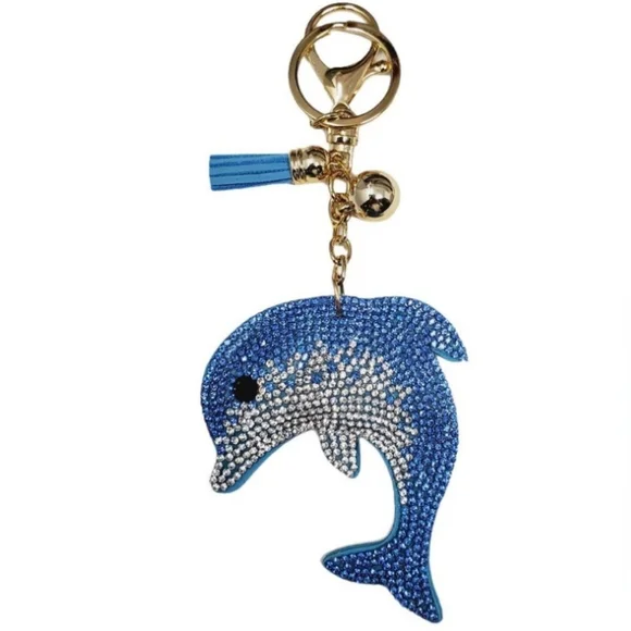 Product Image and Link for Bling Rhinestone Dophin Puffy Key Chain Purse Charm
