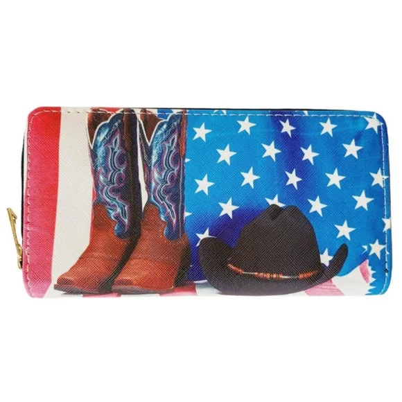 Product Image and Link for American Flag Western Boots and Cowboy Hat Wallet