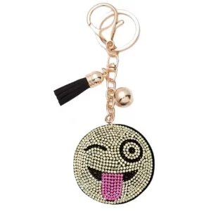 Product Image and Link for Bling Rhinestone Wink Emoji Puffy Tassel Keychain Purse Charm
