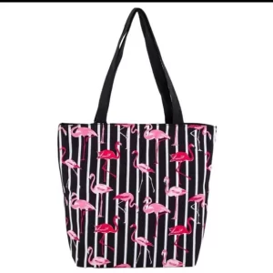 Product Image and Link for Flamingos and Stripes Beach Bag