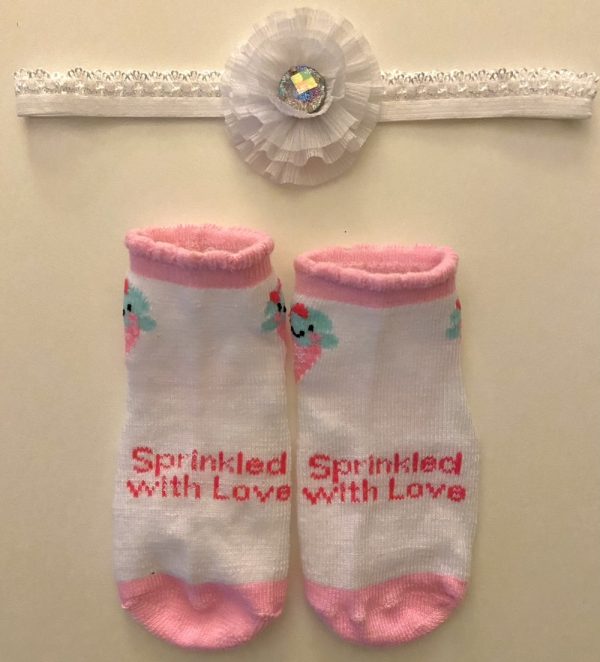Product Image and Link for Infant girl White headband with Flower/Prizm Jewel Center and White/ Pink Socks Set