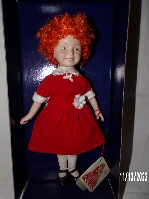 Product Image and Link for Vintage Genuine 1982 Little Orphan Annie Porcelain Doll IN ORIGINAL BOX APPLAUSE