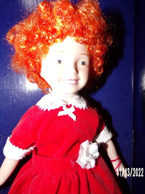 Product Image and Link for Vintage Genuine 1982 Little Orphan Annie Porcelain Doll IN ORIGINAL BOX APPLAUSE