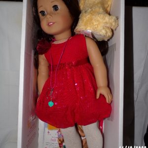 Product Image and Link for American Girl Saige Girl of The Year 2013 RETIRED RED PARTY DRESS & Dog in Box