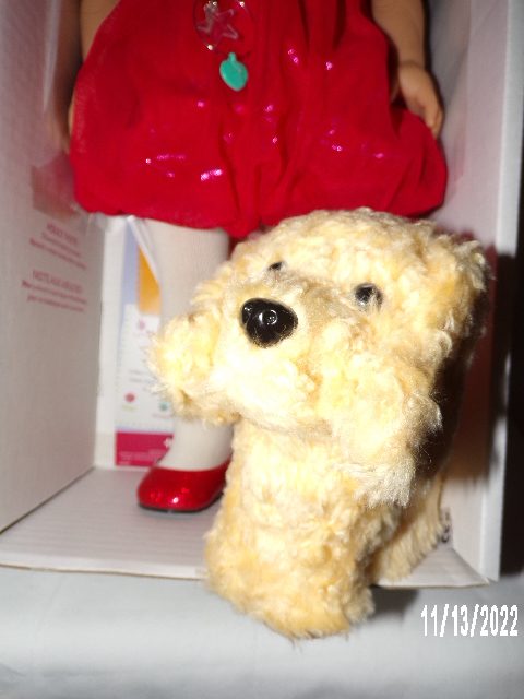 Product Image and Link for American Girl Saige Girl of The Year 2013 RETIRED RED PARTY DRESS & Dog in Box