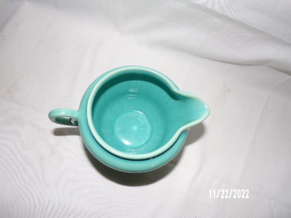 Product Image and Link for Vintage 1930’s Gladding McBean Creamer Turquoise Green Glaze HTF 2 3/4″