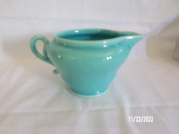 Product Image and Link for Vintage 1930’s Gladding McBean Creamer Turquoise Green Glaze HTF 2 3/4″