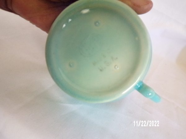 Product Image and Link for Vintage 1930’s Gladding McBean Creamer Turquoise Green Glaze HTF 2 3/4″