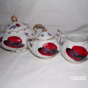 Product Image and Link for Vintage Fielder Keepsakes RED HAT SOCIETY Teapot Creamer & Sugar Bowl 5PCS
