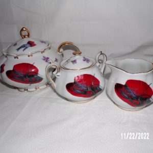 Product Image and Link for Vintage Fielder Keepsakes RED HAT SOCIETY Teapot Creamer & Sugar Bowl 5PCS