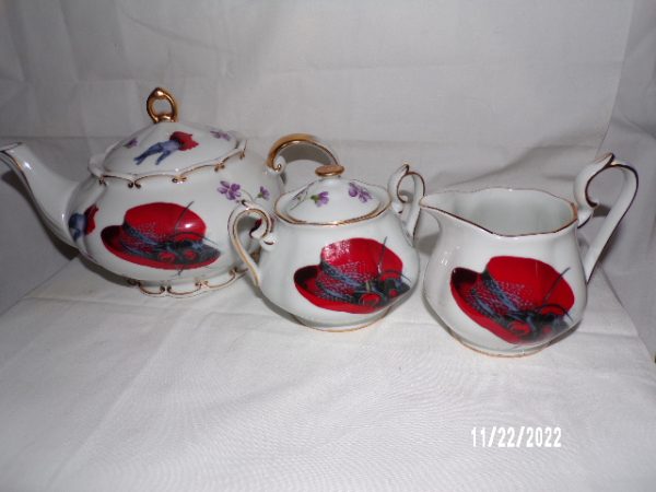 Product Image and Link for Vintage Fielder Keepsakes RED HAT SOCIETY Teapot Creamer & Sugar Bowl 5PCS