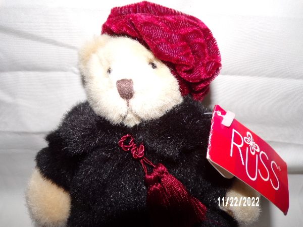 Product Image and Link for Vintage RUSS Teddy Bear SASHA Faux Fur Coat Burgundy Hat Plush Toy Bear 7”