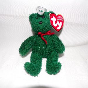 Product Image and Link for TY Jingle Beanies Baby 2001 HOLIDAY TEDDY Green with Sparkle Red Ribbon Ornament