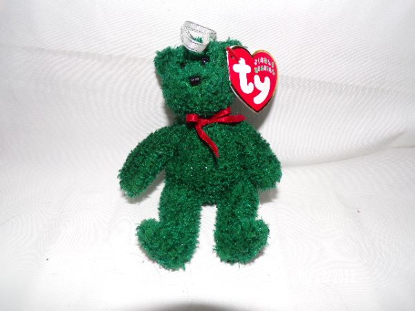 Product Image and Link for TY Jingle Beanies Baby 2001 HOLIDAY TEDDY Green with Sparkle Red Ribbon Ornament