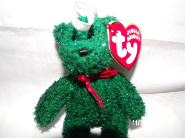 Product Image and Link for TY Jingle Beanies Baby 2001 HOLIDAY TEDDY Green with Sparkle Red Ribbon Ornament