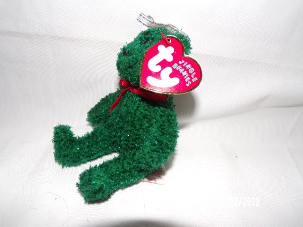 Product Image and Link for TY Jingle Beanies Baby 2001 HOLIDAY TEDDY Green with Sparkle Red Ribbon Ornament