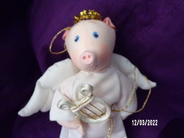 Product Image and Link for VINTAGE Gladys Boalt ANGEL PIG Harp Handmade Fabric Holiday Ornament Signed 1979