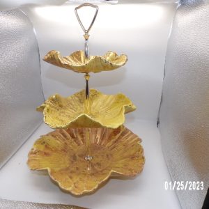 Product Image and Link for Vintage 3 Tier Yellow Cake Dessert Tray Plate Scalloped Edge MCM MADE IN USA