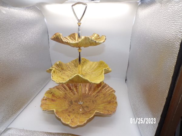 Product Image and Link for Vintage 3 Tier Yellow Cake Dessert Tray Plate Scalloped Edge MCM MADE IN USA