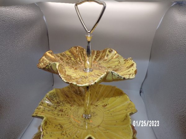 Product Image and Link for Vintage 3 Tier Yellow Cake Dessert Tray Plate Scalloped Edge MCM MADE IN USA