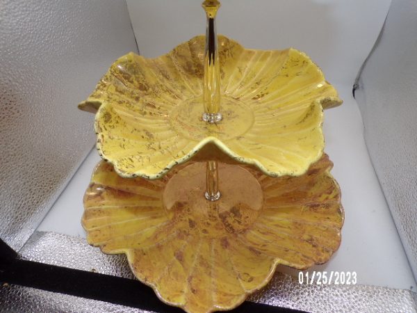 Product Image and Link for Vintage 3 Tier Yellow Cake Dessert Tray Plate Scalloped Edge MCM MADE IN USA